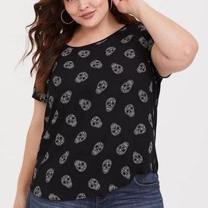 Torrid 'Abbey' Black Star Skull Blouse woven front, knit back